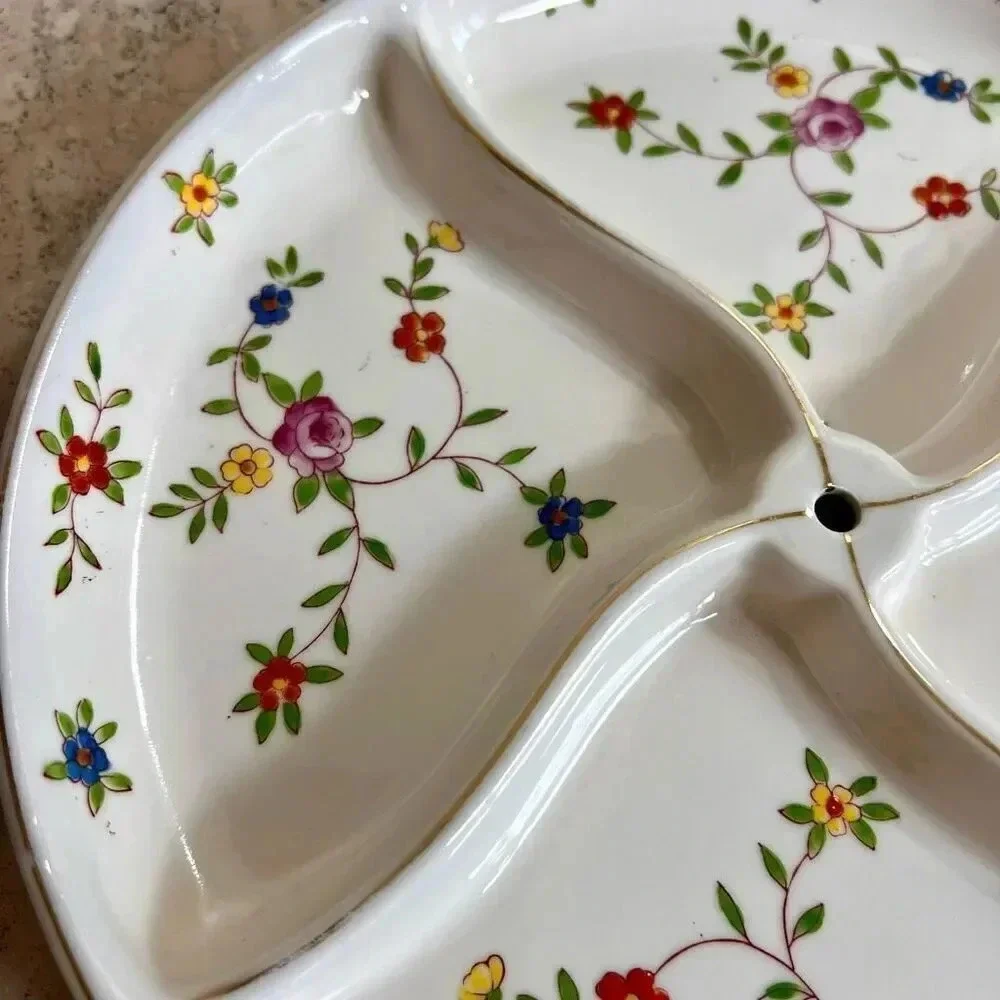 Vintage White Floral Round Four Section Divided Dish Plate Hand Painted Japan‎